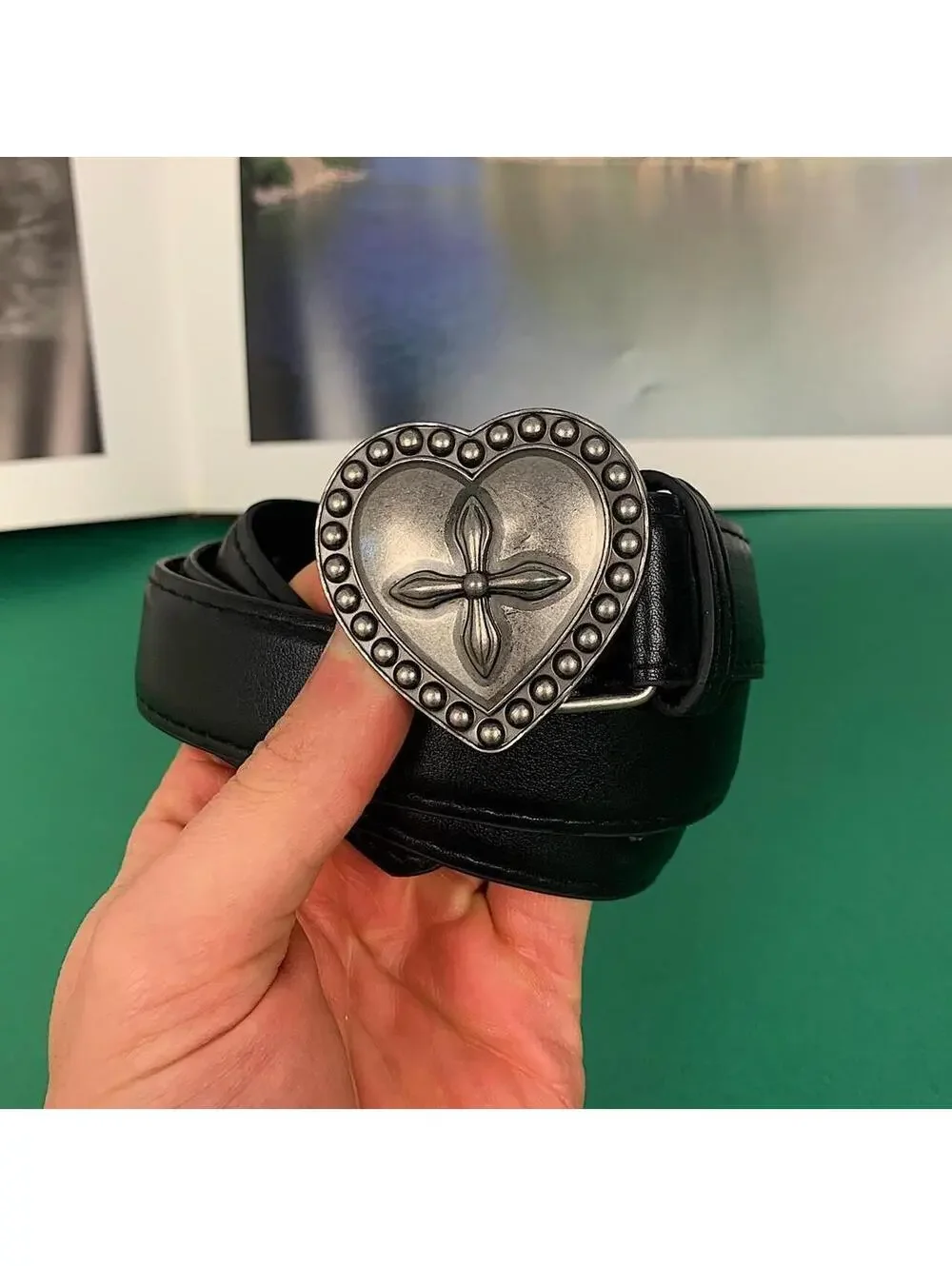 Y2k gothic style heart cross belt buckle black belt. 40 inches length. Unisex